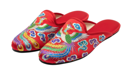Vibrant red embroidered slippers with colorful phoenix design