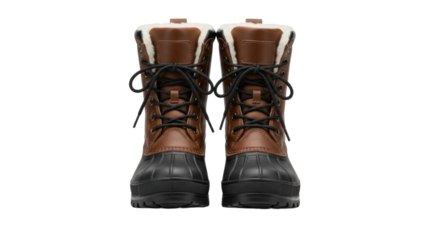 Brown and black winter boots with fur lining and laces on white background
