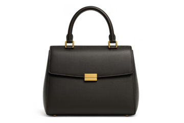Stylish black leather handbag with gold accents, isolated on transparent background