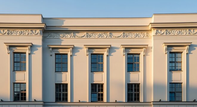 Elegant architectural facade with repetitive window patterns and ornate trim - Powered by Adobe