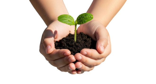 Young hands holding seedling in soil for growth symbolism - Powered by Adobe