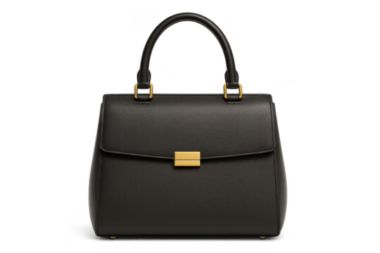 Stylish black leather handbag with gold accents, isolated on transparent background