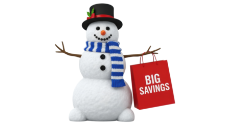 Snowman with blue scarf holding big savings shopping bag