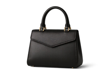 Elegant black leather handbag with gold details, isolated on transparent background