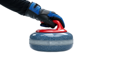 Close-up of gloved hand holding curling stone with red handle