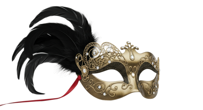 Elegant gold masquerade mask with feathers and intricate filigree design