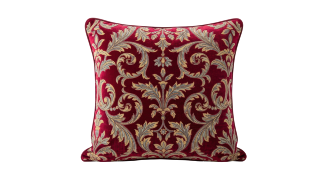 Ornate red cushion with intricate golden embroidery on black background
