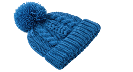 Cozy blue knitted winter hat with pom-pom and cable design