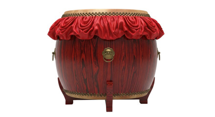 Traditional chinese red wooden drum with ornate details on black background