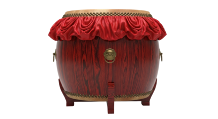 Traditional chinese red wooden drum with ornate details on black background
