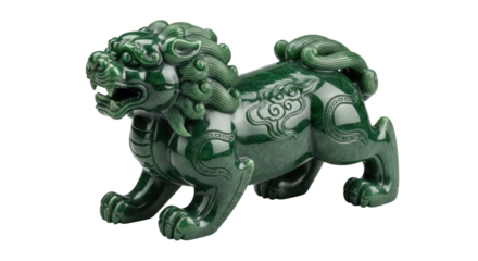 Detailed green jade chinese guardian lion statue on black background