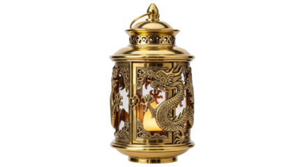 Intricate dragon design gold lantern with warm light glow