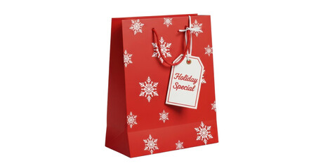 Red holiday gift bag with snowflakes and holiday special tag