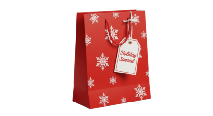 Red holiday gift bag with snowflakes and holiday special tag