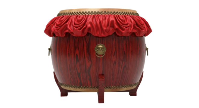 Traditional chinese red wooden drum with ornate details on black background