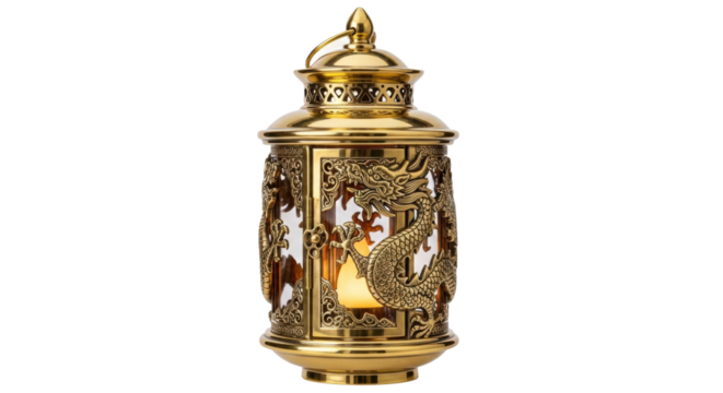Intricate dragon design gold lantern with warm light glow