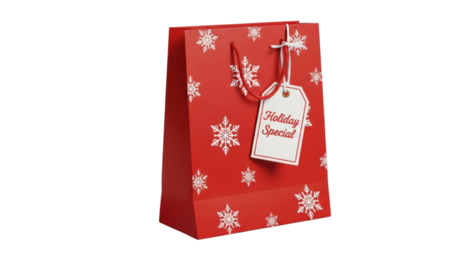 Red holiday gift bag with snowflakes and holiday special tag
