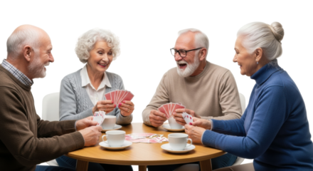 Elderly caucasian group playing cards and enjoying coffee together