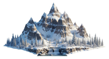 Snowy mountain peaks with pine trees and waterfall