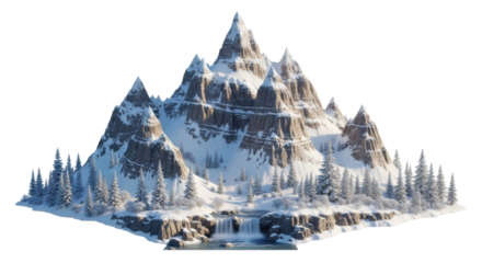 Snowy mountain peaks with pine trees and waterfall