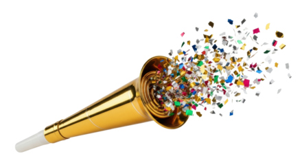Colorful confetti burst from a gold party horn