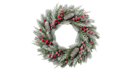 Festive holiday wreath with evergreen foliage, pinecones, and red berries