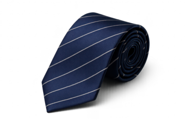 Classic blue striped tie, neatly rolled, presented on a transparent background