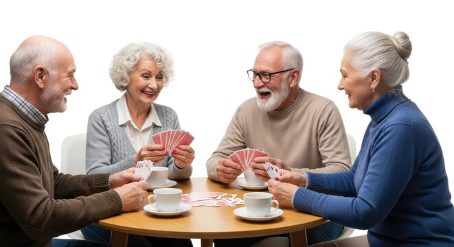 Elderly caucasian group playing cards and enjoying coffee together
