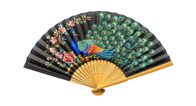 Intricate peacock on traditional asian decorative hand fan with floral accents