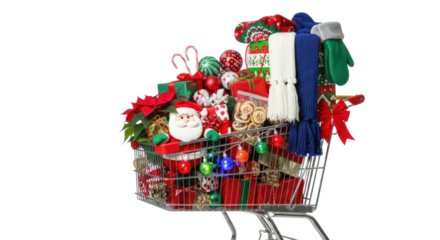 Festive holiday shopping cart overflowing with gifts and decorations