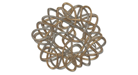 Intricate metallic knot with twisting curves and loops in circular formation