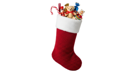Red christmas stocking filled with toys and candy cane
