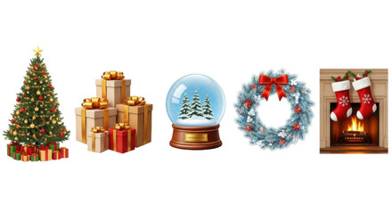 Christmas celebration elements: tree, gifts, snow globe, wreath, fireplace