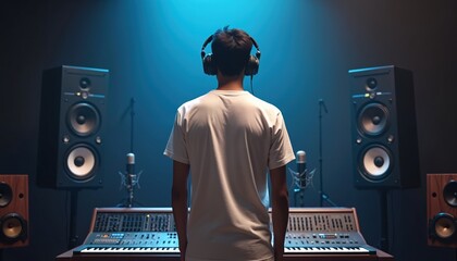 Man wears blank white tee shirt in sound recording studio. He has headphones on and stands before audio mixing console and speakers. Person is ready for music production or podcast.
