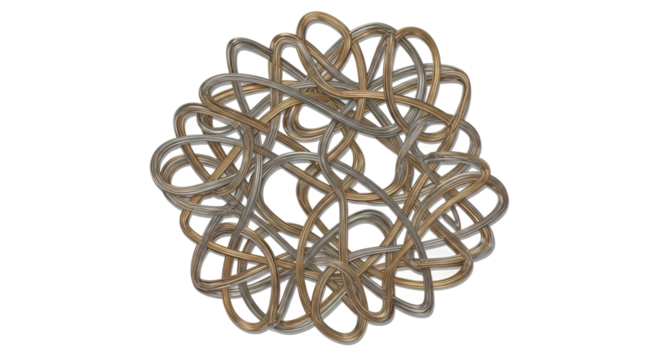 Intricate metallic knot with twisting curves and loops in circular formation