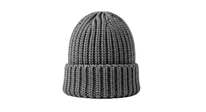 Gray knitted beanie on black background