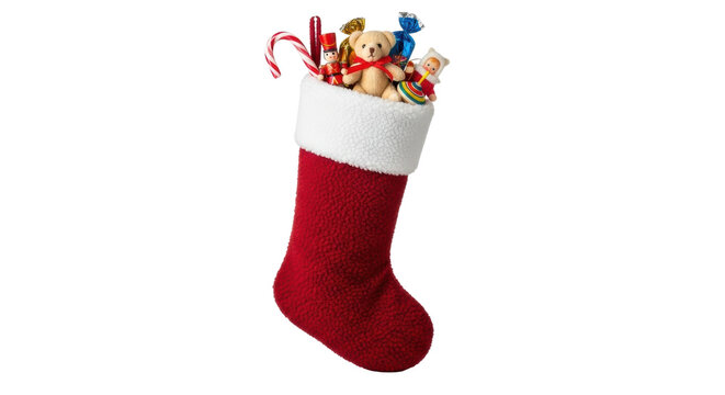 Red christmas stocking filled with toys and candy cane