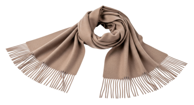 Warm beige wool scarf with fringed ends on white background