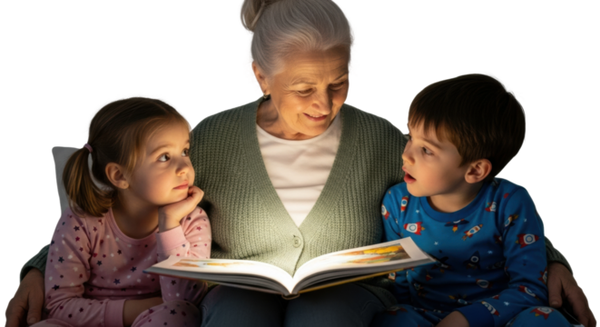 Elderly caucasian woman reading to young caucasian children at bedtime - Powered by Adobe