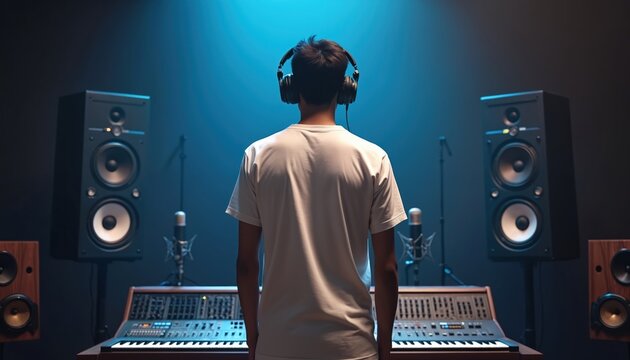 Man wears blank white tee shirt in sound recording studio. He has headphones on and stands before audio mixing console and speakers. Person is ready for music production or podcast.