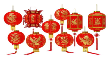 Red chinese lanterns with gold dragon and phoenix designs for festive celebrations