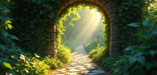 Obraz premium Golden sunlight streams through a stone archway covered in green ivy plants. A winding stone path leads into a dreamy garden. Bright light illuminates the serene forest, inviting a quiet journey.