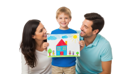 Happy family with child displaying colorful drawing of house and family