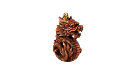 Intricately carved wooden dragon pendant with gold loop on black background