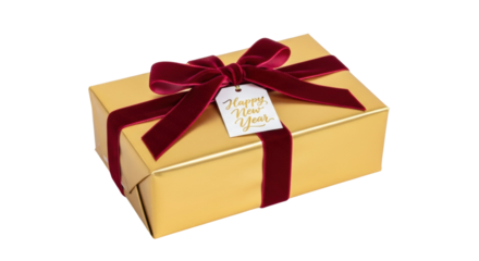 Gold gift box with red ribbon and happy new year tag
