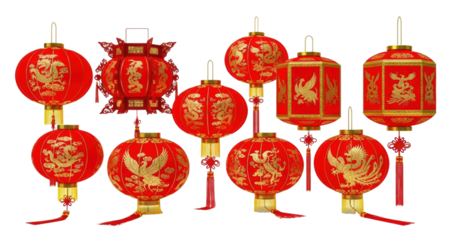 Red chinese lanterns with gold dragon and phoenix designs for festive celebrations