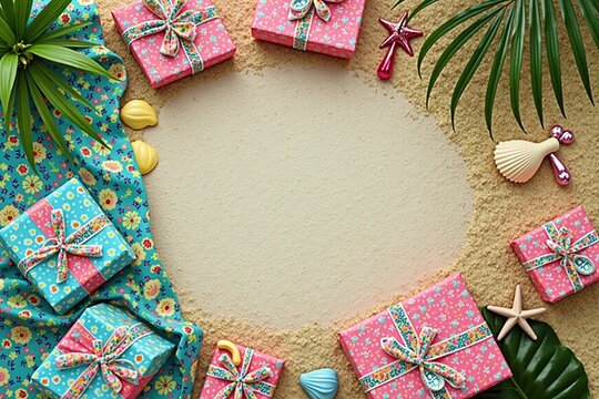 Festive beach scene with colorful wrapped gifts and seashells on sand - Powered by Adobe