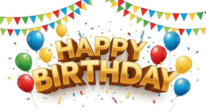 Golden happy birthday text with colorful balloons and festive bunting flags and confetti