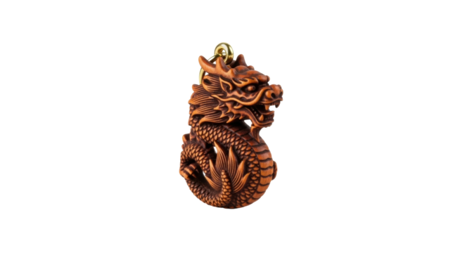 Intricately carved wooden dragon pendant with gold loop on black background