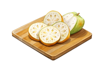 Artistic depiction of sliced fruit with a flowerlike pattern on wood tray